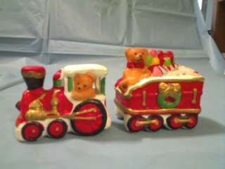 CERAMIC CHRISTMAS TRAIN ENGINE & CAR SET WITH TEDDY BEARS MADE IN 