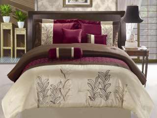 7Pcs Queen Burgundy and Tan Embroidered Comforter Set  