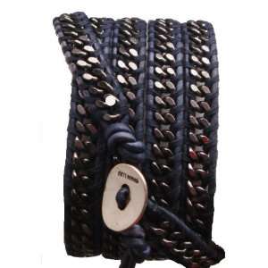 Chan Luu Gunmetal Chain Wrap Bracelet on Pacific Blue Leather BS 2895