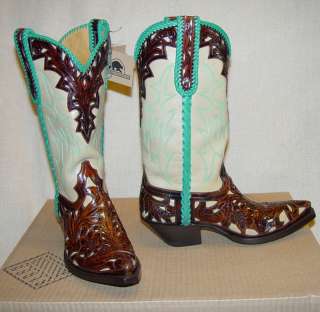 Cream, Turquoise, & Brown Tooled Liberty Cowboy Boot  