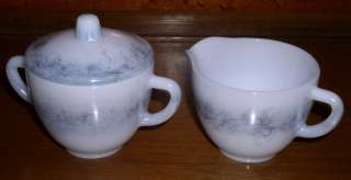 Federal Glass White Creamer & Covered Sugar Set with Silver Drizzle 
