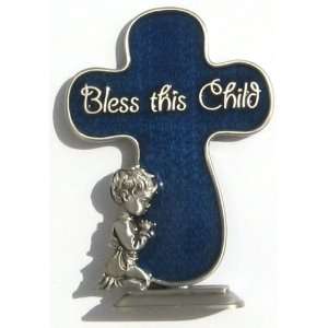   Baptism Cross, Blue Enamel, Bless This Child, Boy (JC 3402 E) Baby
