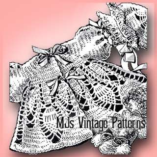 Vintage Crochet Pattern ~ Babys Dress, Bootees, Bonnet  