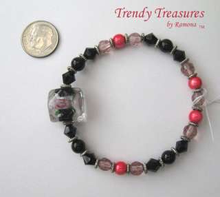 Art Glass Bracelet Black & Pink Crystal,Miracle Beads 