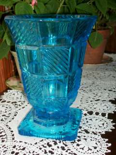 Heavy Vintage Blue Depression Cut Glass Vase  