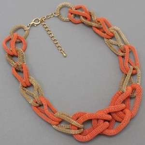 Chunky Gold Tone & Orange Mesh Looped Chain Statement Necklace and 