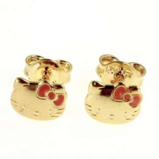 Gold 18k GF Funny Pink Enamel Earrings Hello Kitty Childs Girl Push 