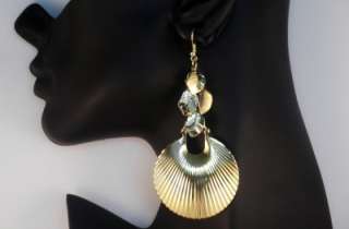 Beautiful shell effect disc/hoop drop earrings with leaf detail, 9cm 