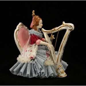   Harp German Dresden Porcelain Fired Lace Figurine