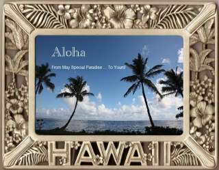 HAWAIIAN PEWTER PHOTO PICTURE FRAME HIBISCUS PALM TREES FROM HONOLULU 