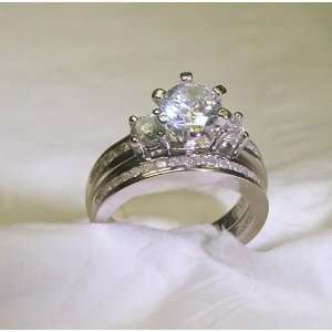 Antique Estate Style 3 Stone Cz Wedding Ring Set 14k White Gold 925 (9 