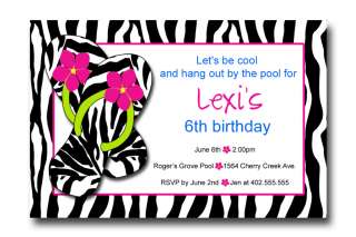 Custom Flip Flop Zebra Print Hot Pink Birthday Party Invitations 