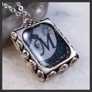 Initial M Letter Square Silver Frame Charm Pendant Necklace  