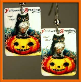 vtg postcard OWL bead charm HALLOWEEN pumpkin earrings  