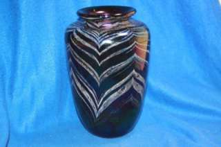 Large Iridescent Studio Arts & Crafts Hand Blown Art Glass Vase Artist 