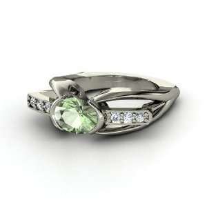  Bridge Ring, Oval Green Amethyst 14K White Gold Ring with 