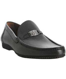 Testoni grey pebble leather logo buckle loafers   