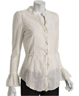 style #305571503 antique white lace detail belted bell sleeve blouse