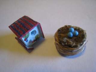   Miniature Wood Hand Made Birdhouse & Robins, Birds Nest W/Blue Eggs