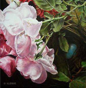   Life Oil Painting ROBINS EGG IN NEST AMIDST WILTING PINK ROSES  