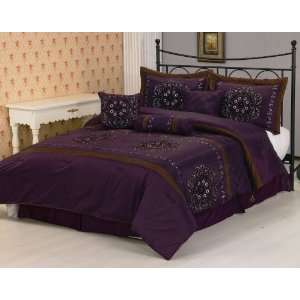   7Pcs Purple Floral Flocking Comforter Bedding Set King