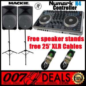 NUMARK N4 4 DECK DJ CONTROLLER+TWO MACKIE TH15A SPEAKERS+2x STANDS &2 