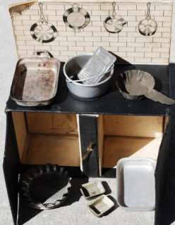 Primitive Early Antique Little Stove Toy Pans Old Childs Kitchen Set 