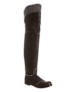 Miu Miu brown leather studded thigh high boots