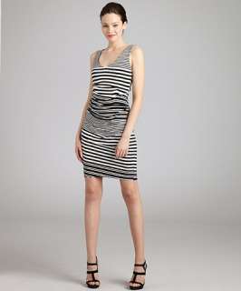 Nicole Miller black and white striped knit jersey draped front tank 