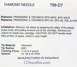 Phonograph Needle Panasonic Technics EPS 30CS 798 D7  