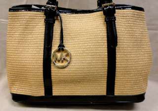 AUTH MICHAEL KORS LILLY STRAW & BLACK PATENT LEATHER LG TOTE BAG  MSRP 