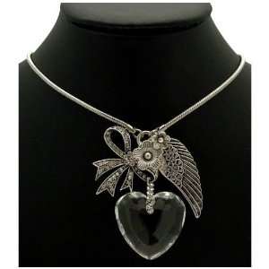   Bow, Wing & Flower Charm   Clear Crystal Glass Heart Necklace Jewelry