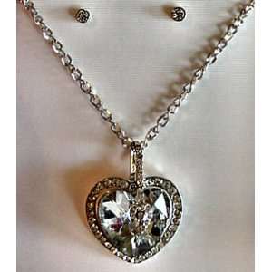 Rampage 3 D Crystal CZ Silver Heart Necklace Pendant and Stud Earring 