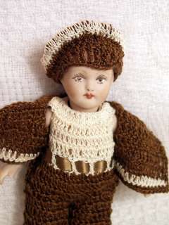   Set for 5 Miniature Antique All Bisque Doll Romper Coat Hat  