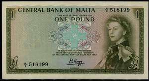 Malta 1 Pound Queen Elizabeth II, Bank Note1967 #p29a UNC @1018  