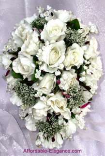 Cream White ROSES Wedding BOUQUETS Silk Flowers 15p SET  