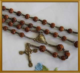 1800s ROSARY CARVED WOOD BEADS PUFFY HEART MEDAL FRANCE  