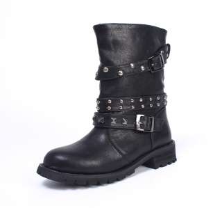   Punk Studs Buckle Strap Round Toe Motorcycle Riding Boots Shoes  