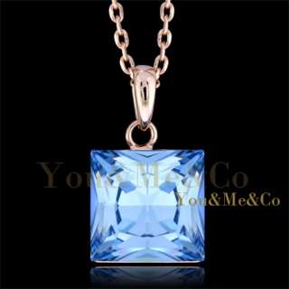18k Rose Gold EP 6ct Princess Cut Aquamarine Crystal Pendant Necklace 