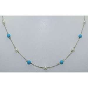   14K White Gold Turquoise And Pearl Necklace 16 New 