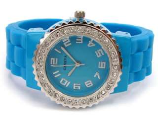 Turquoise Silicone Gel Band Crystal Bezel Bangle Cuff WATCH  