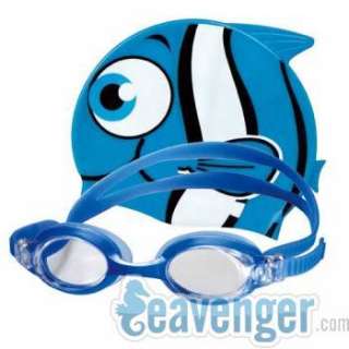 Kids Cute fish swim cap with goggle combo set   blue  