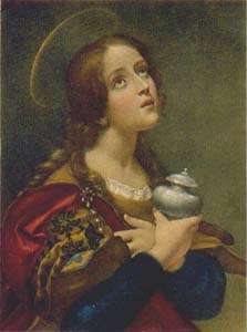 Saint Mary Magdalen holy card in which she holds her alabaster jar of 
