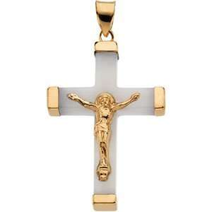  14K Gold White Jade Square Crucifix Jewelry