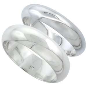 Sterling Silver High Dome Wedding Band Ring Set His and Hers 5mm + 7mm 