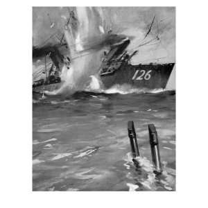 World War I  Submarine E9 sinking a German Destroyer Giclee Poster 