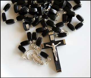 CATHOLIC ROSARY Black Wood Beads Cutwork Center Medal & Metal Wrapped 