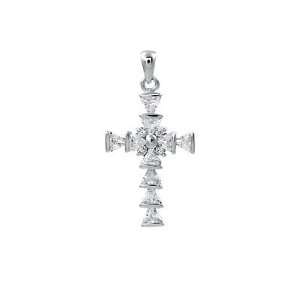  Solid Sterling Silver Round and Triangle Cut Cross Pendant 