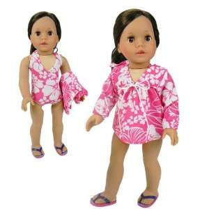  Doll Swimsuit Set, Pink Hawaiian Bathing Suit & Cover Up 