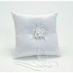  White Satin Rose Wedding Ceremony Ring Pillow 8  Inch 